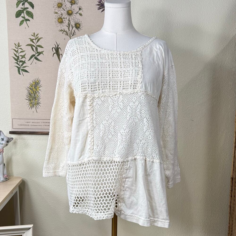 90s Patchwork Sheer Crochet Asymmetric Oversized Top Boho Lagenlook Mori Kei M